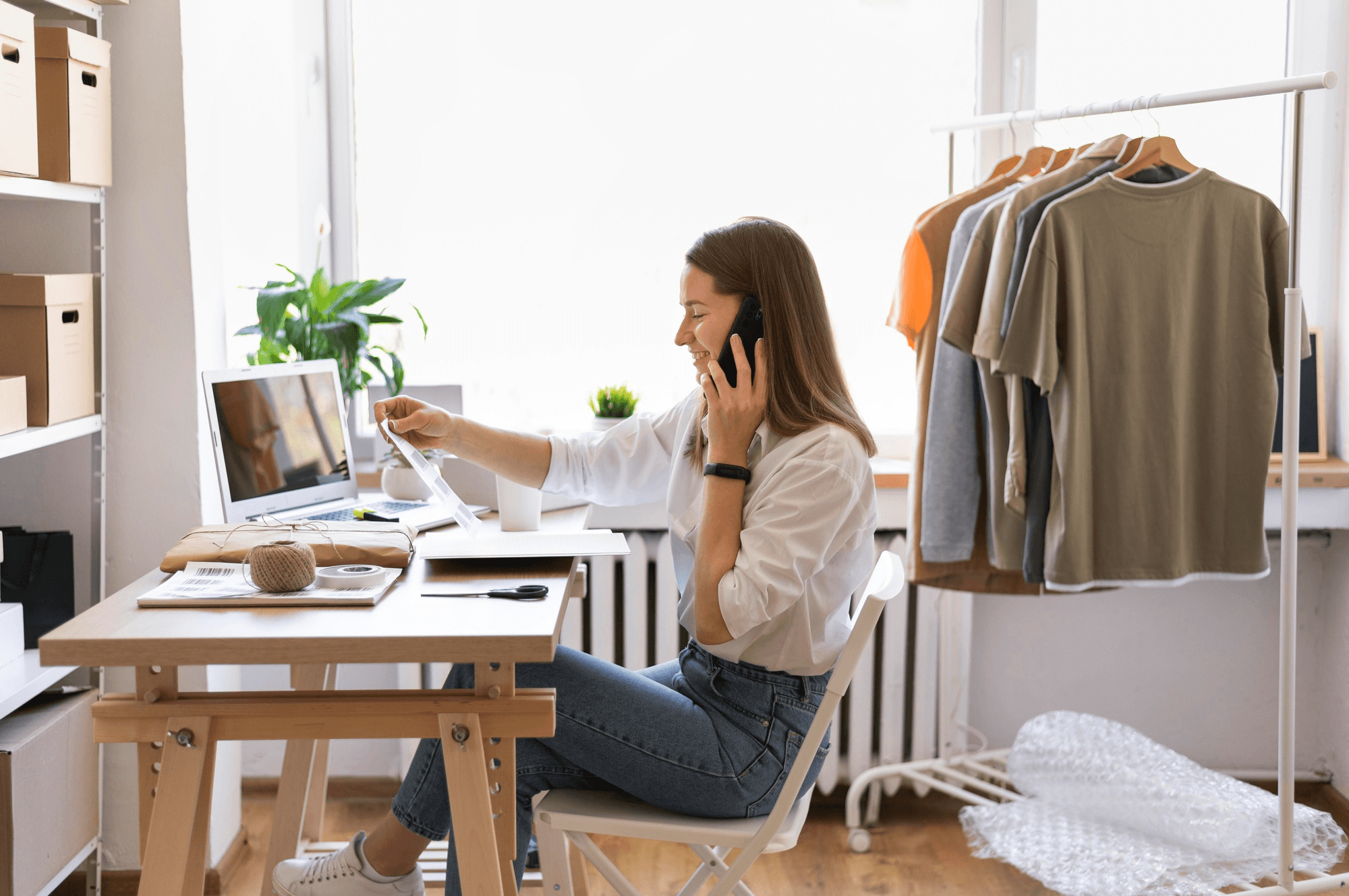 Fashion business owner working beside a clothing rack