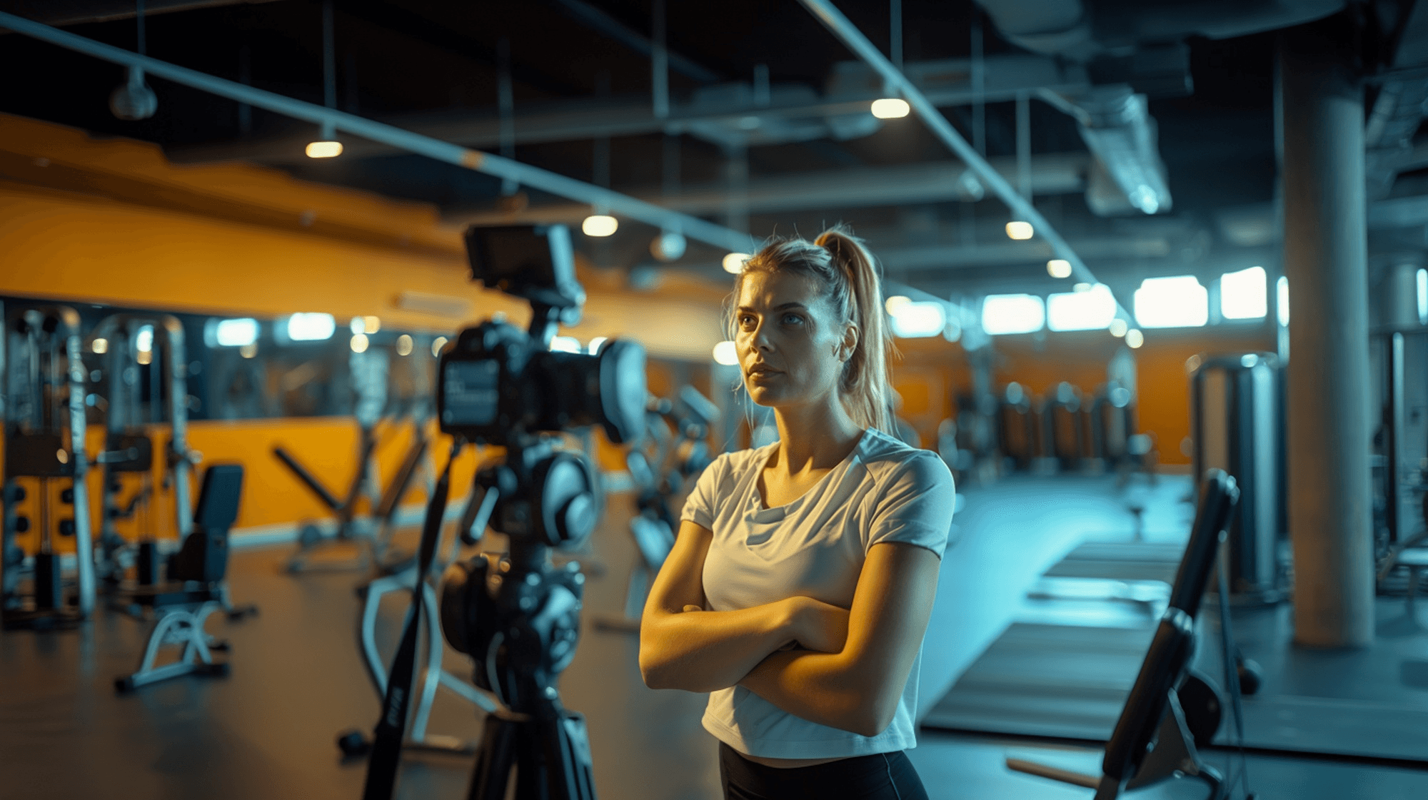 Fitness content creator recording in a gym
