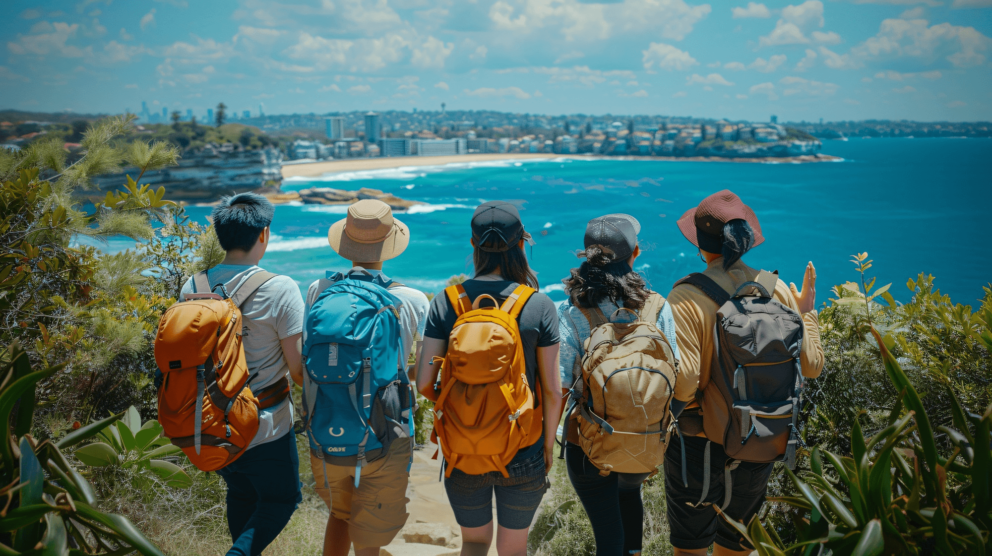 Travelers overlooking a coastal destination
